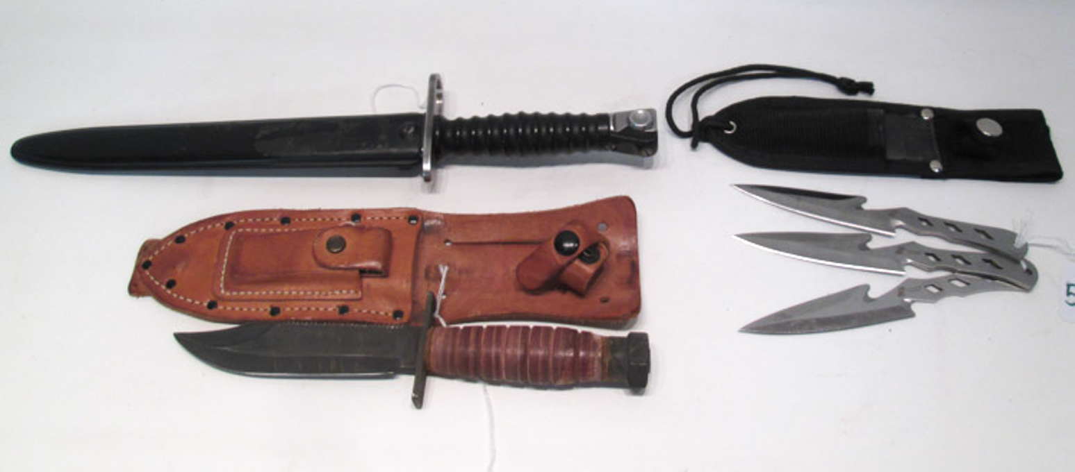 Appraisal: THREE COLLECTIBLE KNIVES Camillus pilot survival knife with bolt pommel