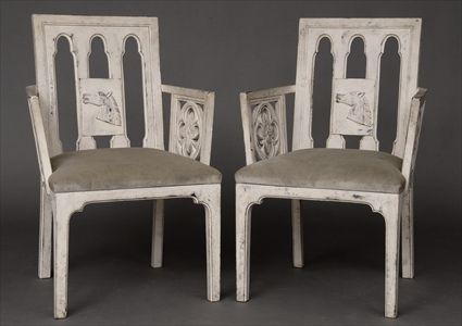 Appraisal: PAIR OF GOTHIC REVIVAL-STYLE IVORY-PAINTED ARMCHAIRS Each back pierced with