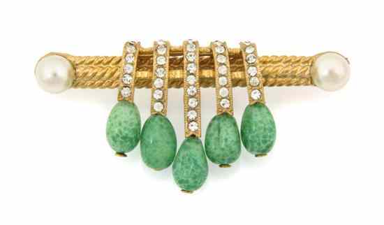 Appraisal: An Eisenberg Goldtone Rhinestone and Green Glass Bead Brooch in