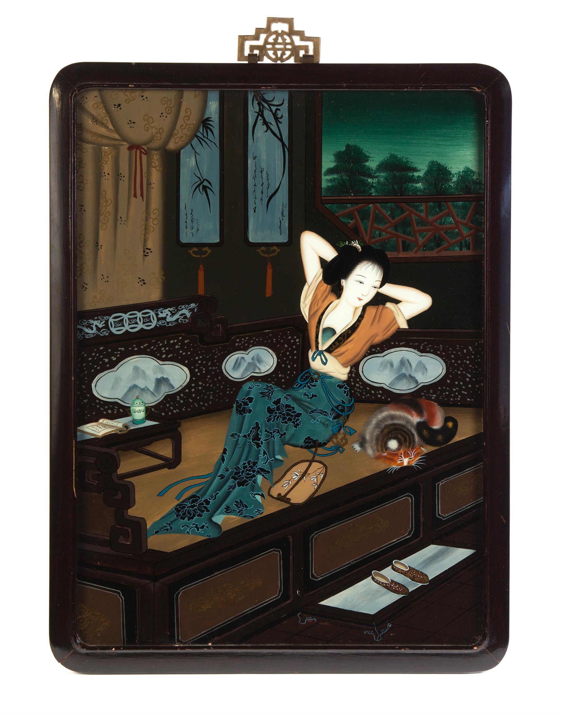 Appraisal: ASIAN REVERSE GLASS PAINTING Mid th century Woman relaxing on