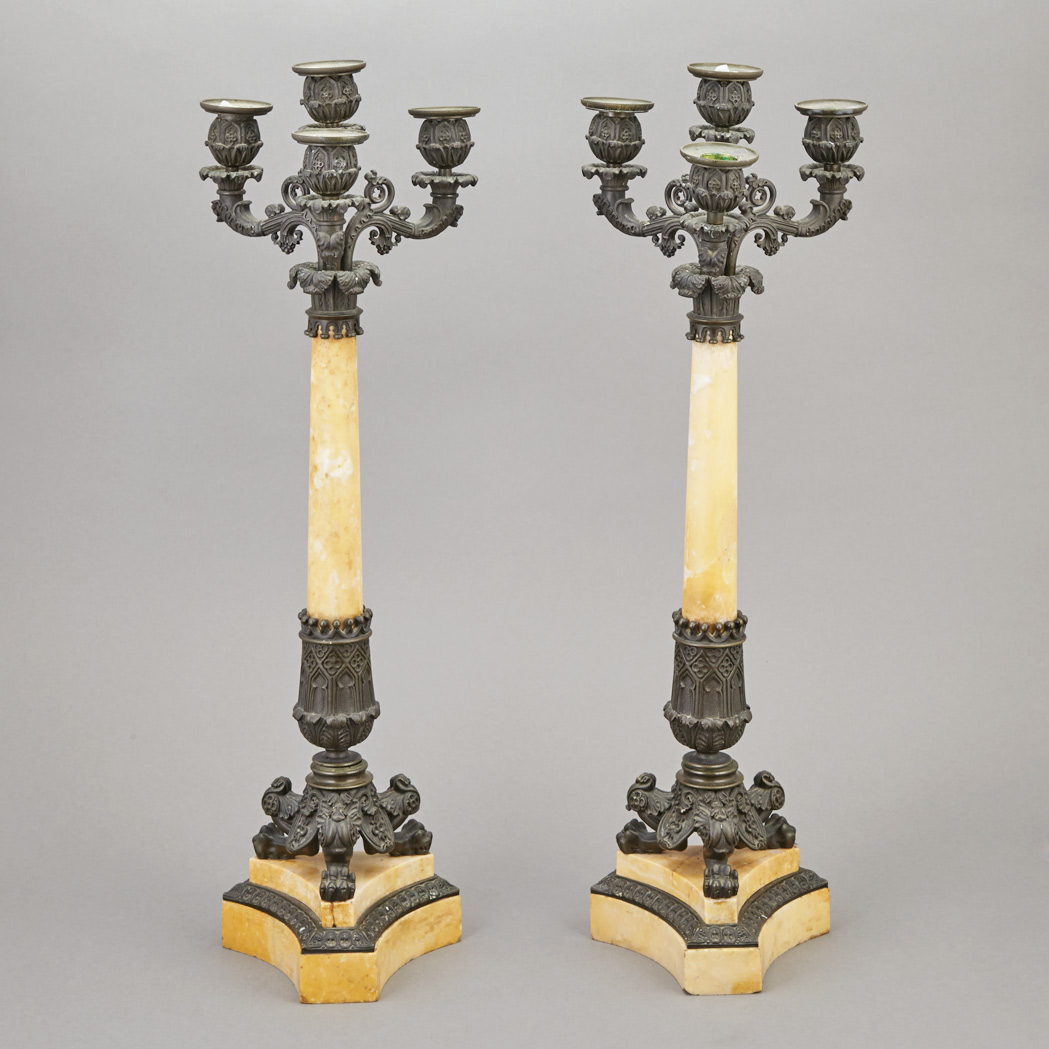 Appraisal: Pair of Restauration Patinated-Bronze and Marble Four-Light Candelabra Second quarter