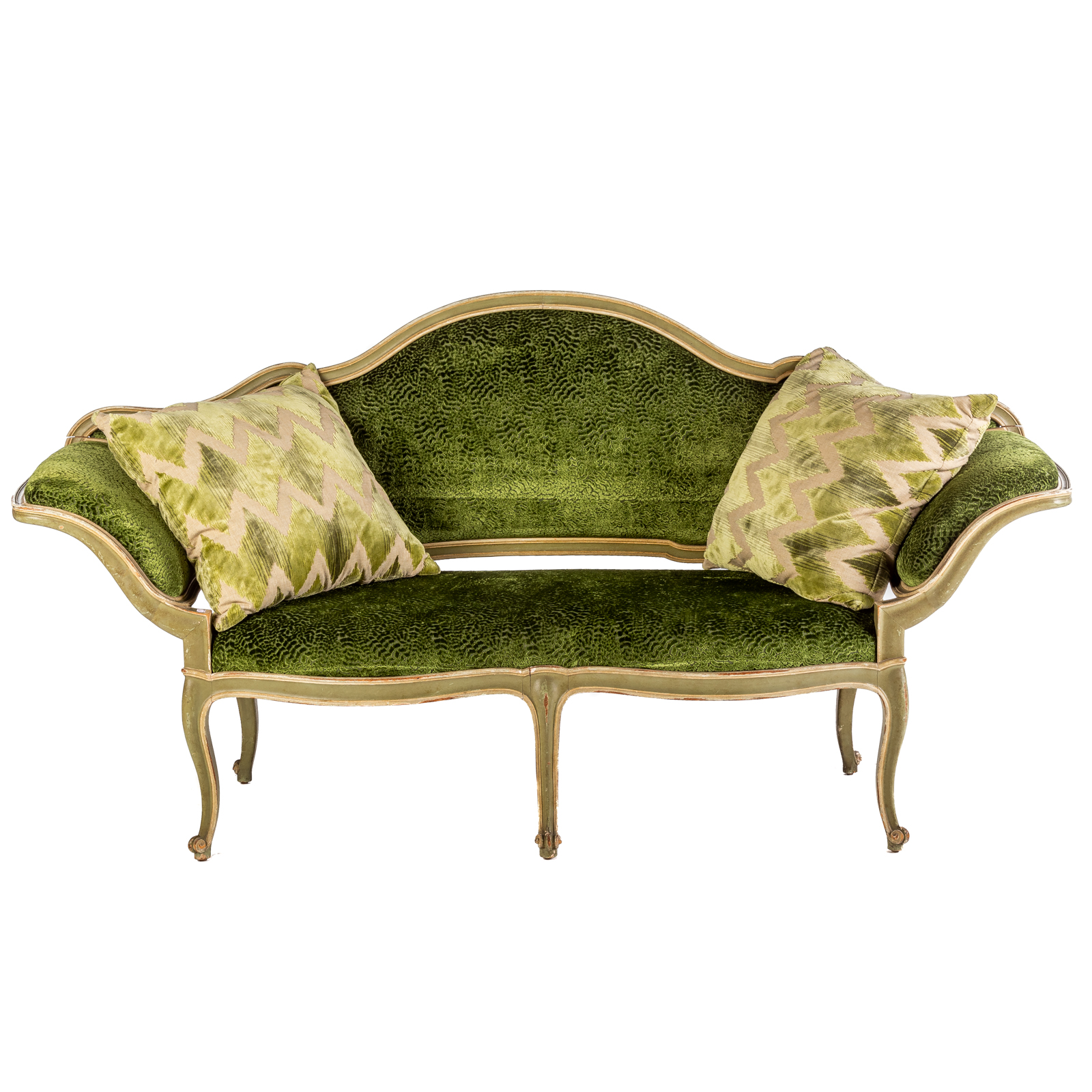 Appraisal: LOUIS XV STYLE PAINTED WOOD SETTEE Covered in custom Osborne