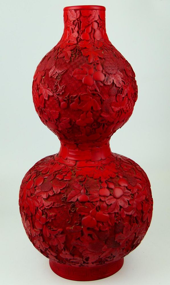 Appraisal: LARGE CHINESE ANTIQUE CINNABAR DOUBLE GOURD VASE LARGE CHINESE ANTIQUE