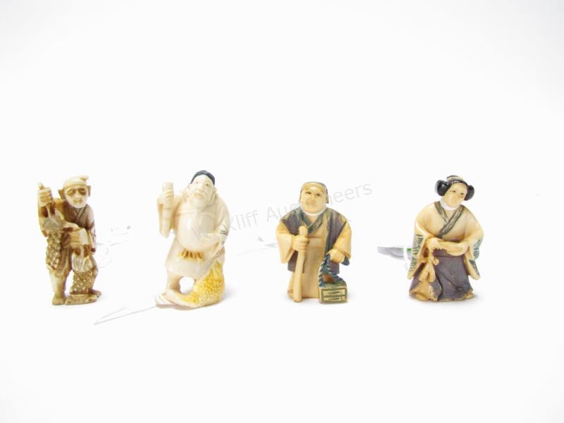 Appraisal: Group of Four Japanese Hand Carved Netsuke including woman in