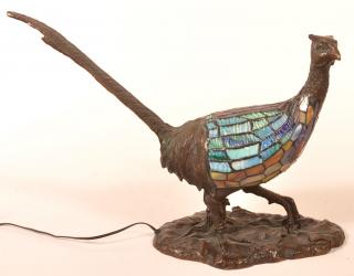 Appraisal: Charles Schneider Bronze Pheasant Lamp Charles Schneider Bronze and Stained