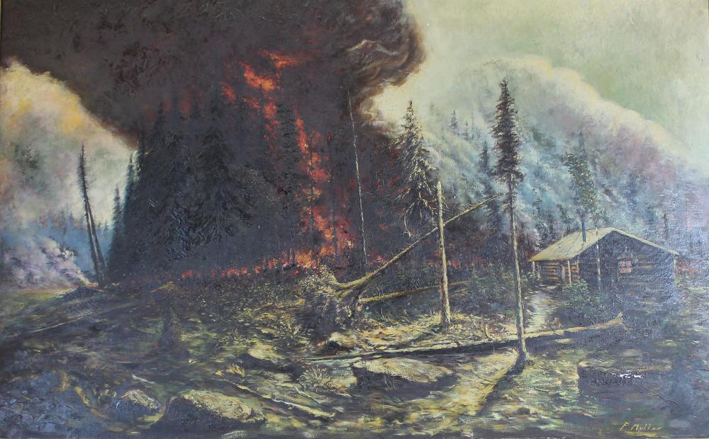 Appraisal: P MULLER OIL ON CANVAS forest fire and log cabin