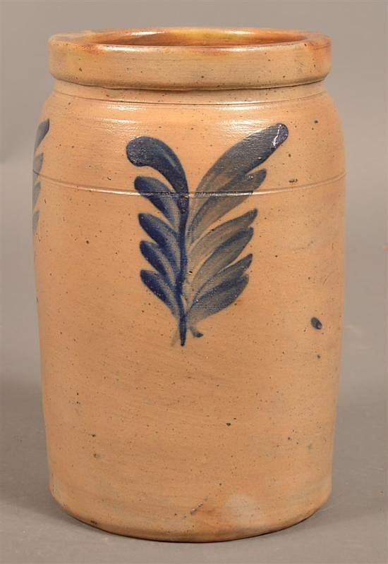 Appraisal: Cobalt Blue Leaf Decorated Stoneware Crock Cobalt Blue Leaf Decorated