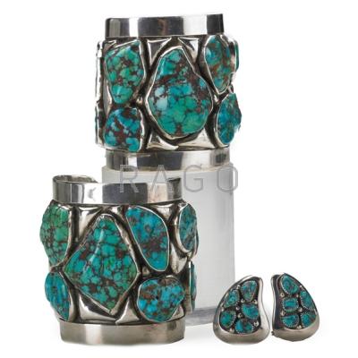 Appraisal: FRANK PATANIA TURQUOISE AND SILVER JEWELRY Pair of cuff bracelets