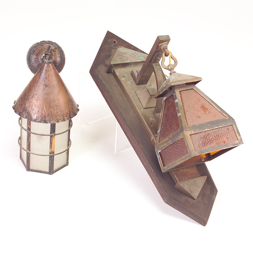 Appraisal: Hand hammered copper hanging lantern with glass panels and a