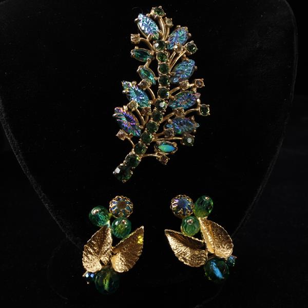 Appraisal: Schiaparelli pc Iridescent Blue Green Poured Glass Jeweled Rhinestone Floral