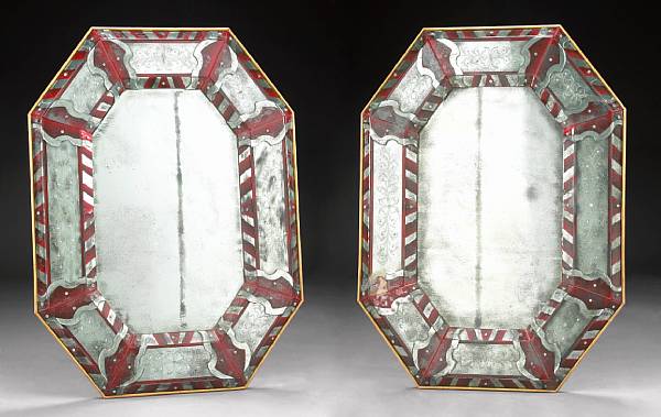 Appraisal: A pair of Venetian Baroque style scarlet heightened mirrors The