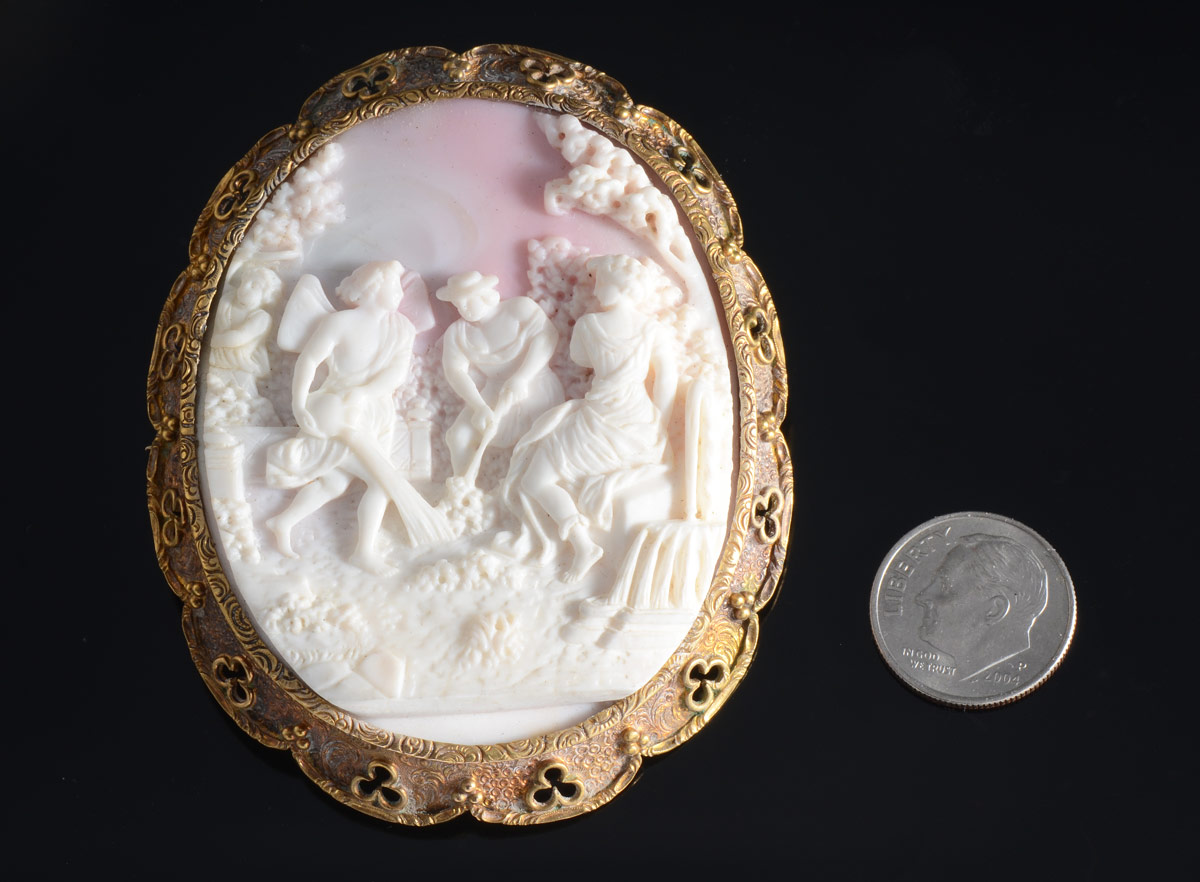 Appraisal: LARGE VICTORIAN CAMEO Shell carved cameo pin pendant set in