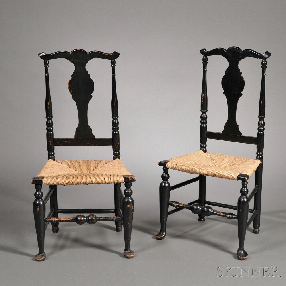 Appraisal: Pair of Black-painted Queen Anne Side Chairs probably Long Island