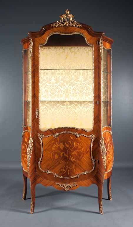 Appraisal: Louis XV style gilt-metal-mounted marquetry inlaid walnut curio cabinet th