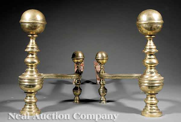 Appraisal: A Large Pair of American Classical Brass Andirons early th