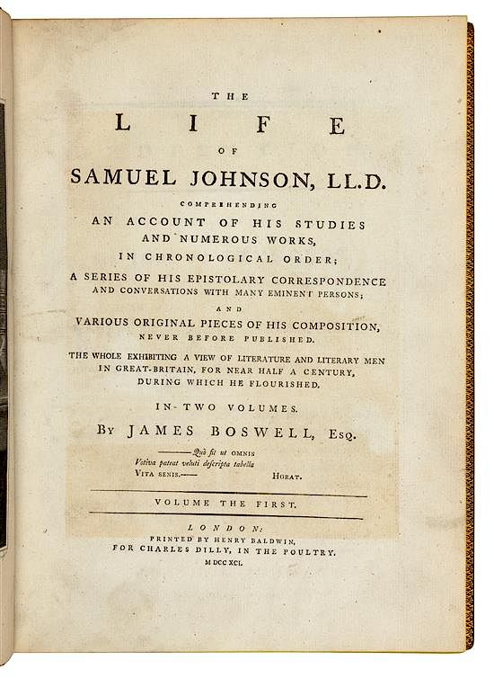 Appraisal: BOSWELL James - The Life of Samuel Johnson London With