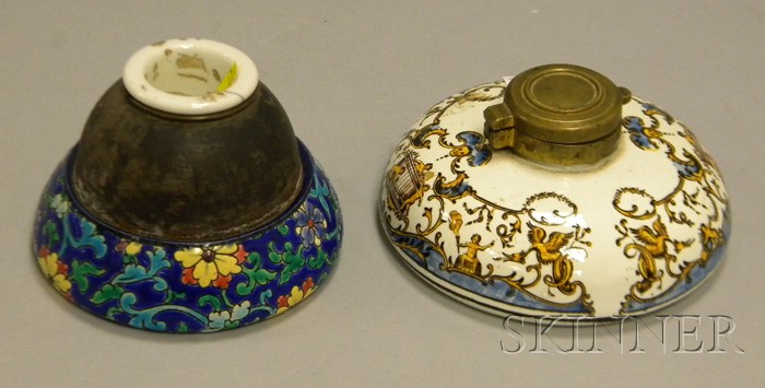 Appraisal: Longwy Enameled Ceramic Inkwell and a Gien Decorated Ceramic Inkwell