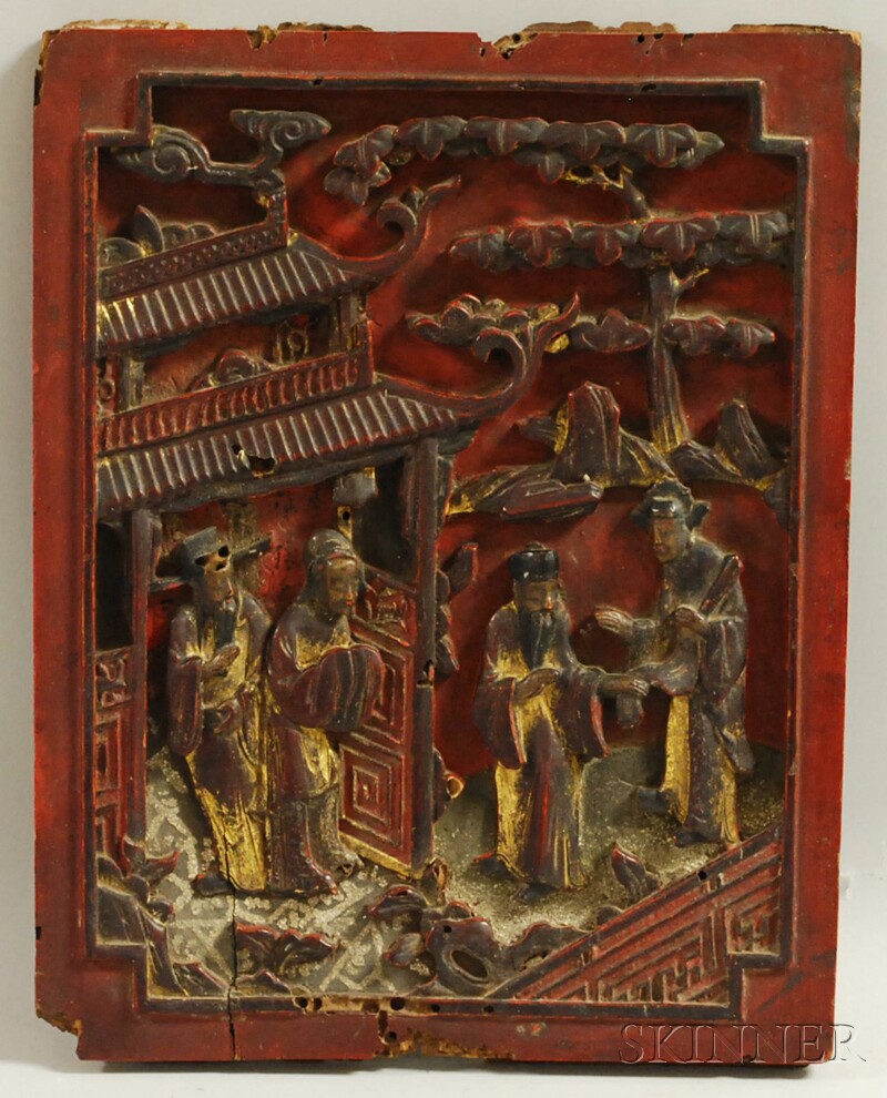 Appraisal: Chinese Lacquered Carved Wood Figural Panel x in