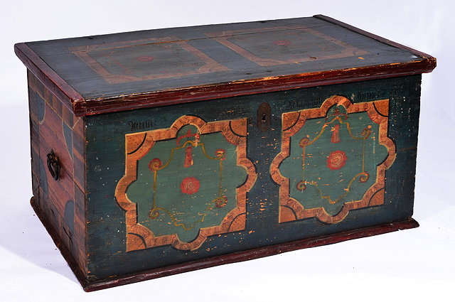 Appraisal: AN EARLY TH CENTURY ALPINE GREEN PAINTED MARRIAGE CHEST with