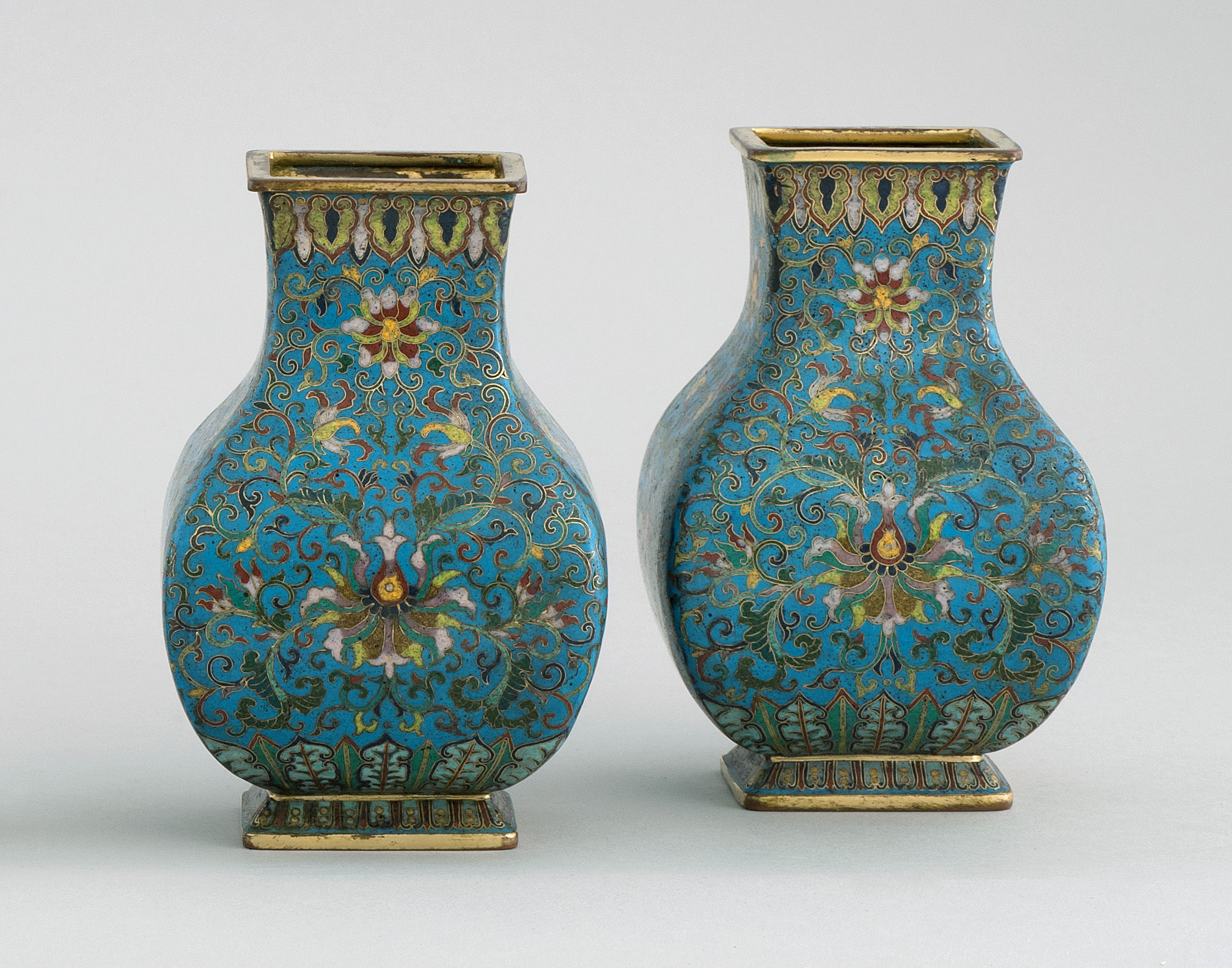 Appraisal: PAIR OF CLOISONN ENAMEL VASES th th CenturyIn squared pear