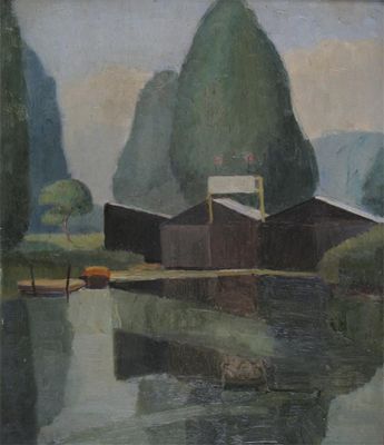 Appraisal: Tom Mostyn - A river landscape with a boathouse Signed