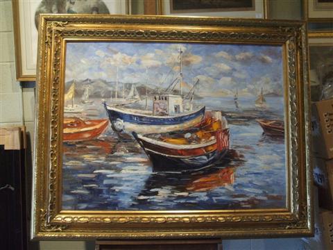 Appraisal: FISHING BOATS WITH AMERICAN FLAG Oil on canvas x in