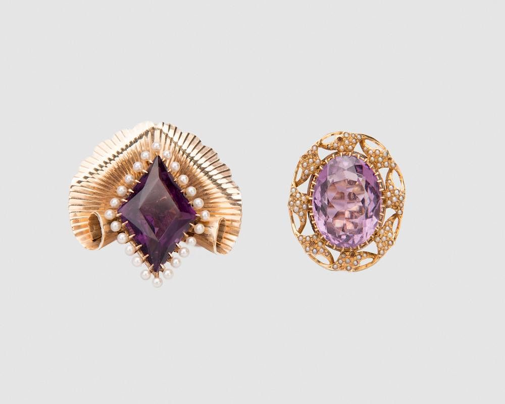 Appraisal: K Yellow Gold Amethyst and Seed Pearl Brooch and Ring