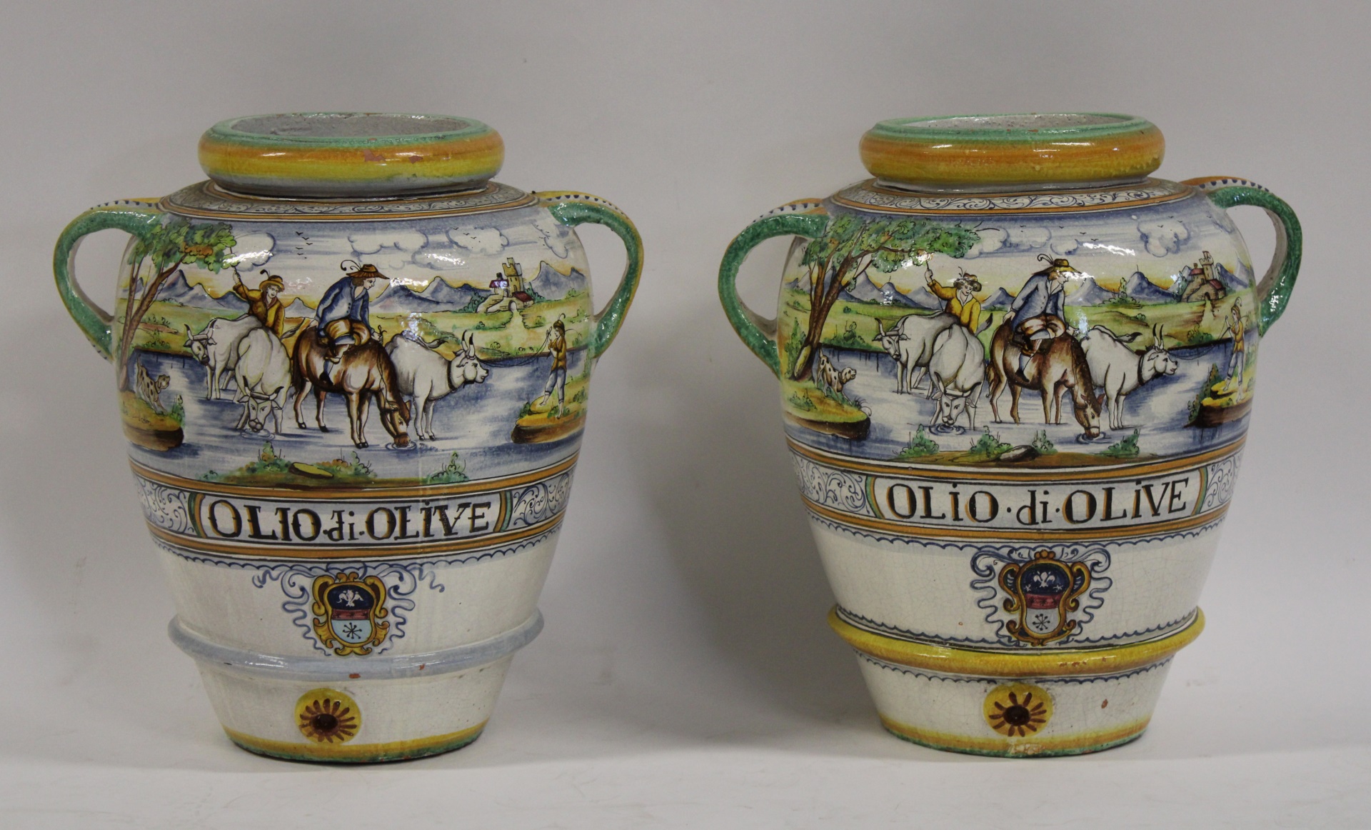 Appraisal: VINTAGE LARGE ITALIAN GLAZED POTTERY URNS From a Greenwich CT