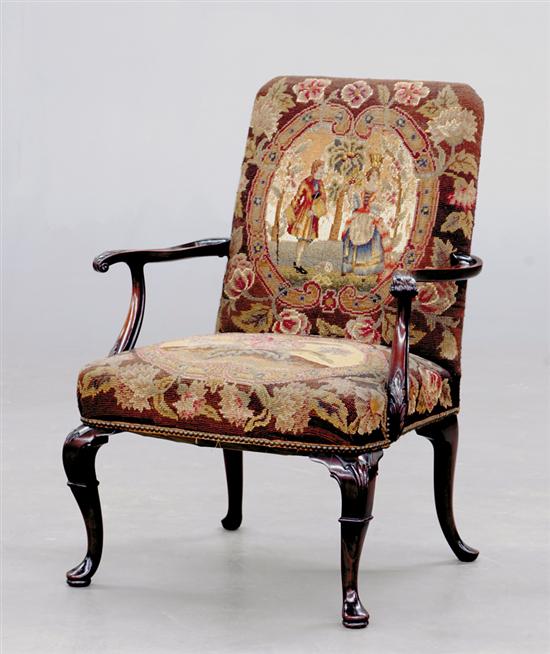 Appraisal: Georgian style carved mahogany and tapestry armchair late th early