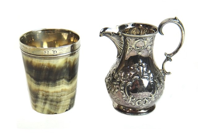 Appraisal: A silver mounted horn beaker probably London and a Victorian