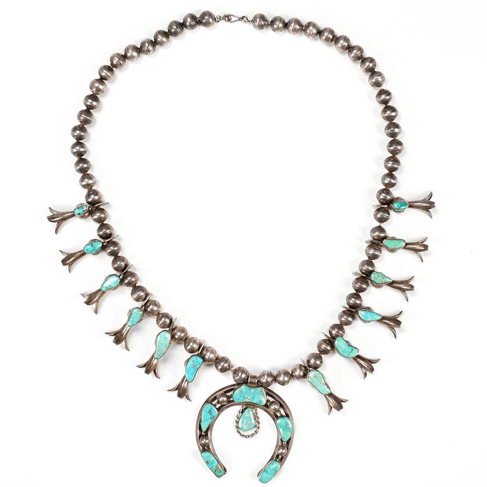 Appraisal: Navajo Silver Turquoise Squash Blossom Necklace One mid-twentieth century Navajo