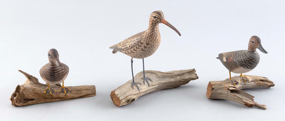 Appraisal: THREE JAMES LAPHAM MINIATURE BIRD CARVINGS DENNIS PORT MASSACHUSETTS TH