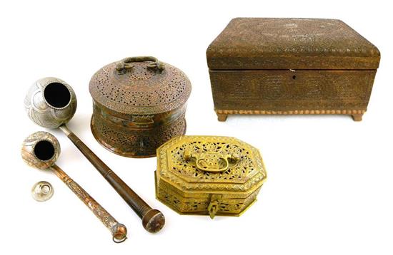 Appraisal: ASIAN decorative arts including carved wood and metalware five pieces