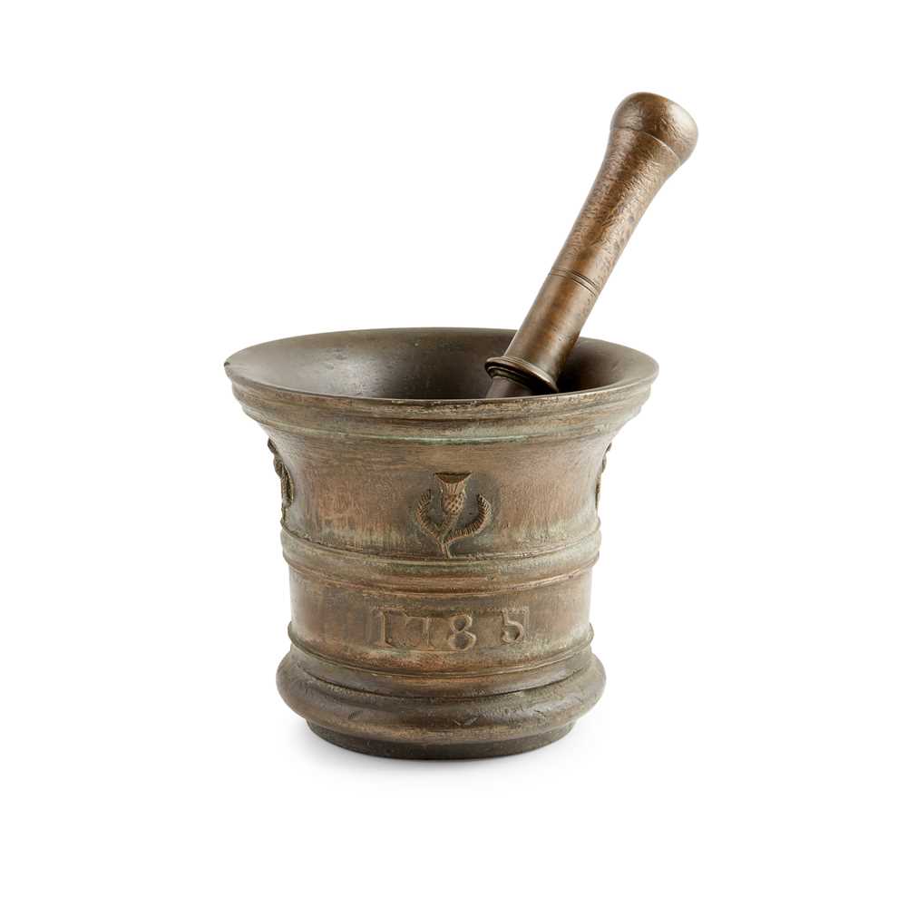 Appraisal: SCOTTISH BRONZE MORTAR AND PESTLE LATE TH CENTURY of typical