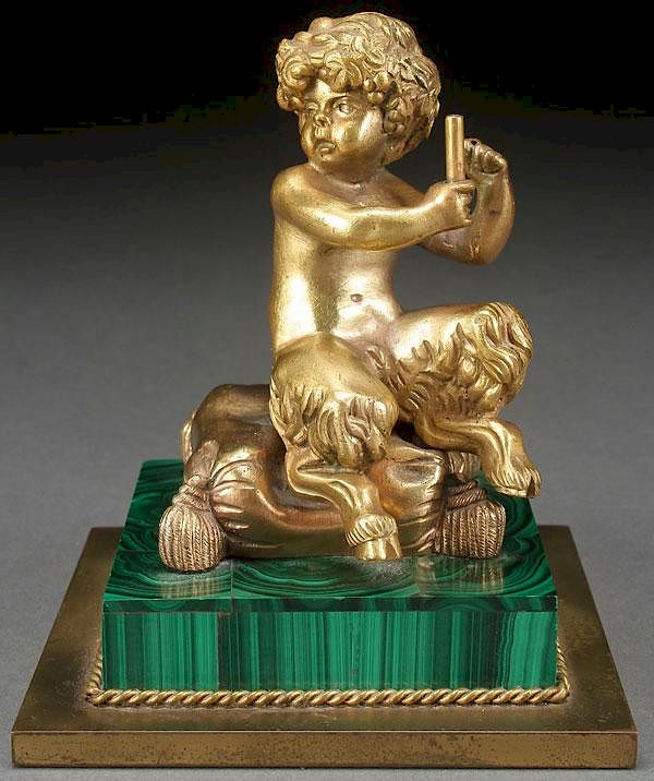 Appraisal: A GILT BRONZE AND MALACHITE DESK ORNAMENT FRENCH A GILT