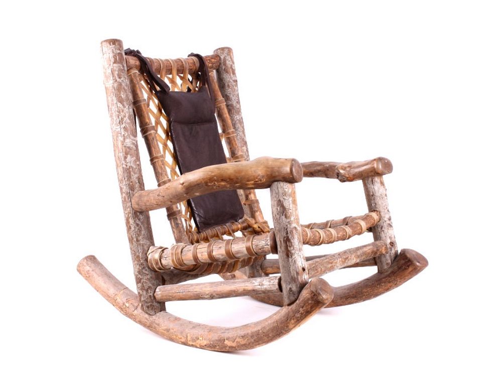 Appraisal: Rustic Log Leather Woven Child Rocking Chair For your consideration