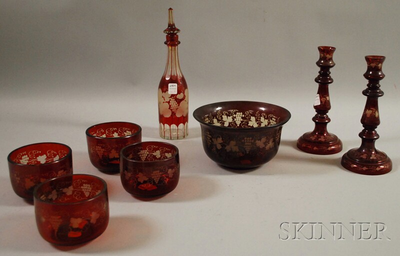 Appraisal: Eight Bohemia Etched Ruby Flash Glass Table Items a set