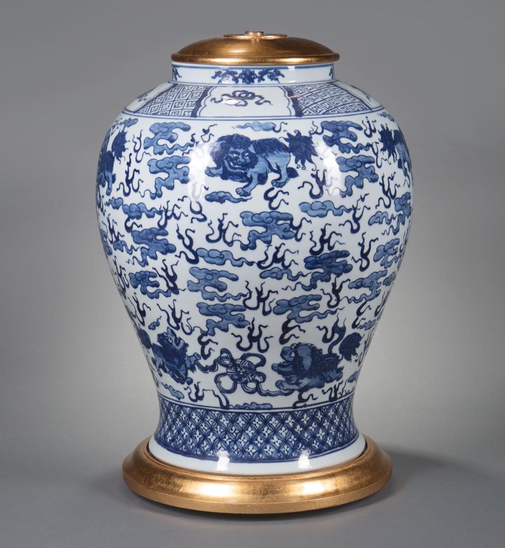 Appraisal: Ralph Lauren Giltwood-Mounted Chinese Blue and White Porcelain Table Lamp