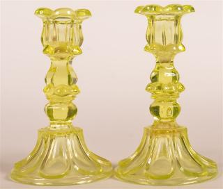 Appraisal: Pair of Vaseline Flint Glass Candlesticks Pair of th Century