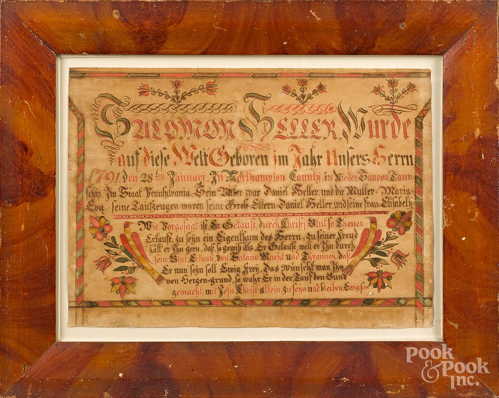 Appraisal: Northampton County Pennsylvania fraktur Northampton County Pennsylvania fraktur birth record