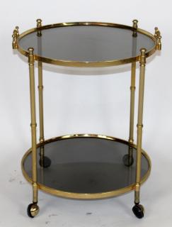 Appraisal: Mid-century rolling round brass tiered bar cart with smoke glass