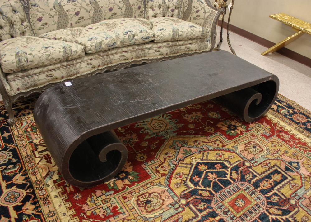 Appraisal: CHINESE EBONIZED WOOD SCROLL-END LOW TABLE H x W x