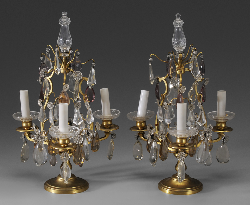 Appraisal: Pair Three-Cup Candelabra early th century each with cut glass