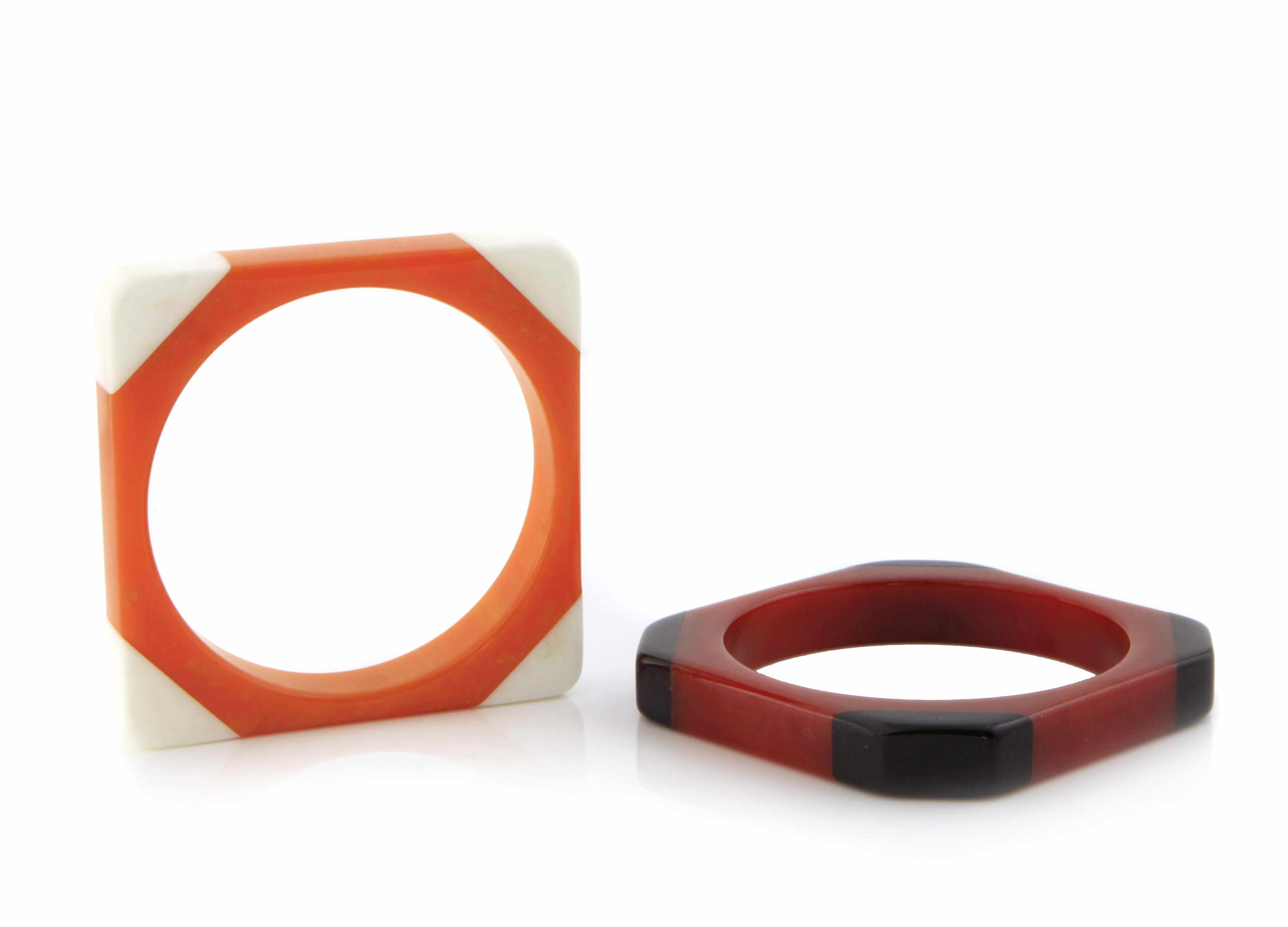 Appraisal: Two squared Bakelite bangle bracelets each diameter in