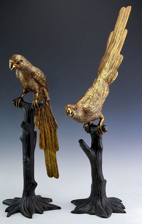 Appraisal: Maitland Smith PAIR Bronze Parrot Bird Sculpture Large Maitland Smith