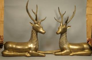 Appraisal: Pr Brass Figural Deer Statues Sculptures Mirror image pair one