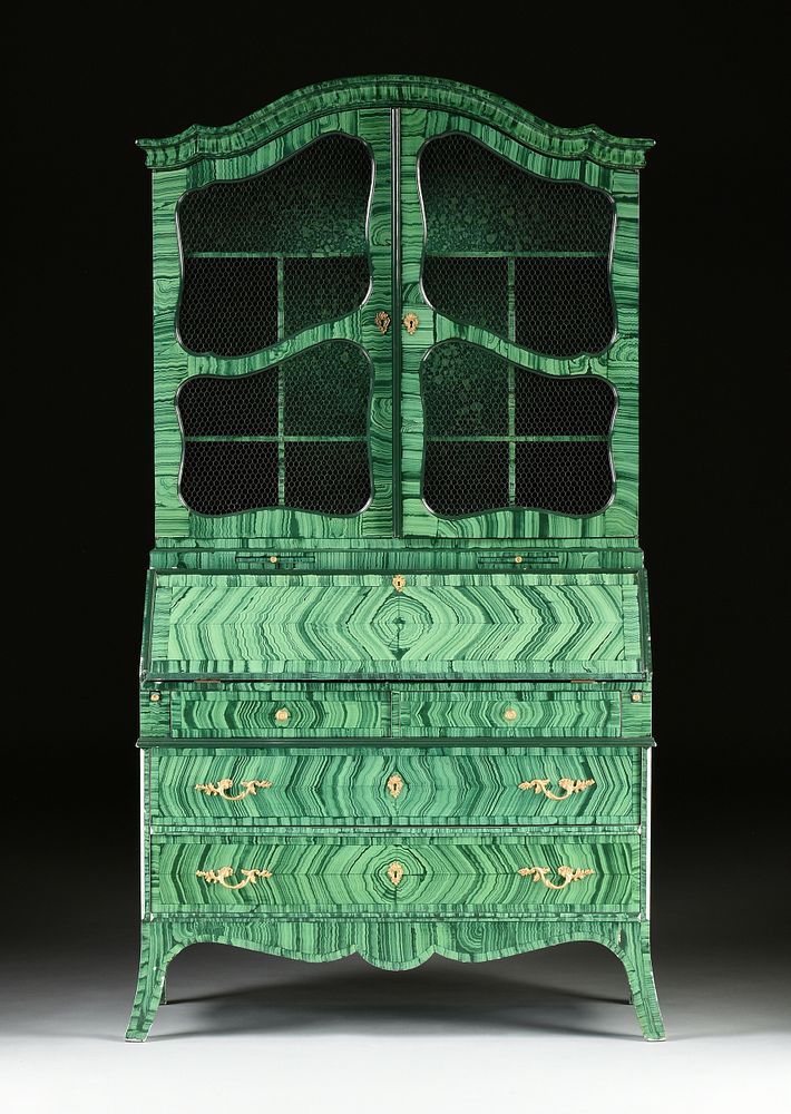 Appraisal: A GERMAN ROCOCO STYLE FAUX MALACHITE PAINTED SECRETARY BOOKCASE TH