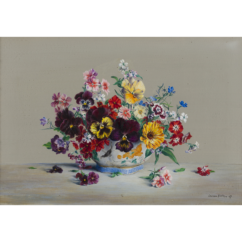 Appraisal: LAWRENCE BIDDLE BRITISH - FLOWERPIECE Signed and dated oil on