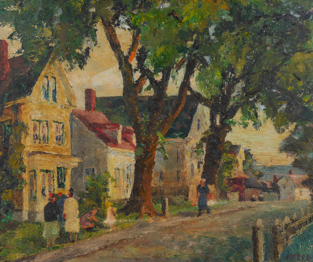 Appraisal: NEW ENGLAND VILLAGE PAINTING SIGNED B REED Street Scene with