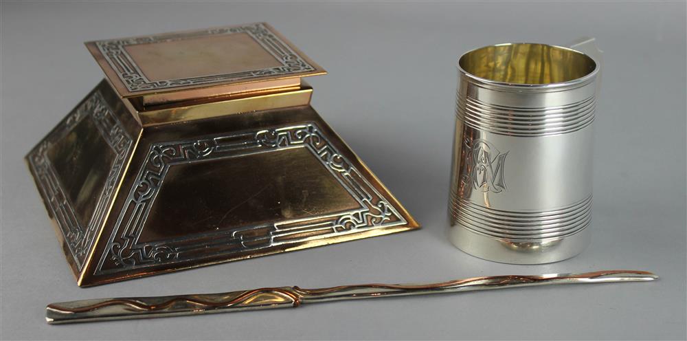 Appraisal: AN ARTS AND CRAFTS SILVER MOUNTED COPPERED INKSTAND AN ENGLISH